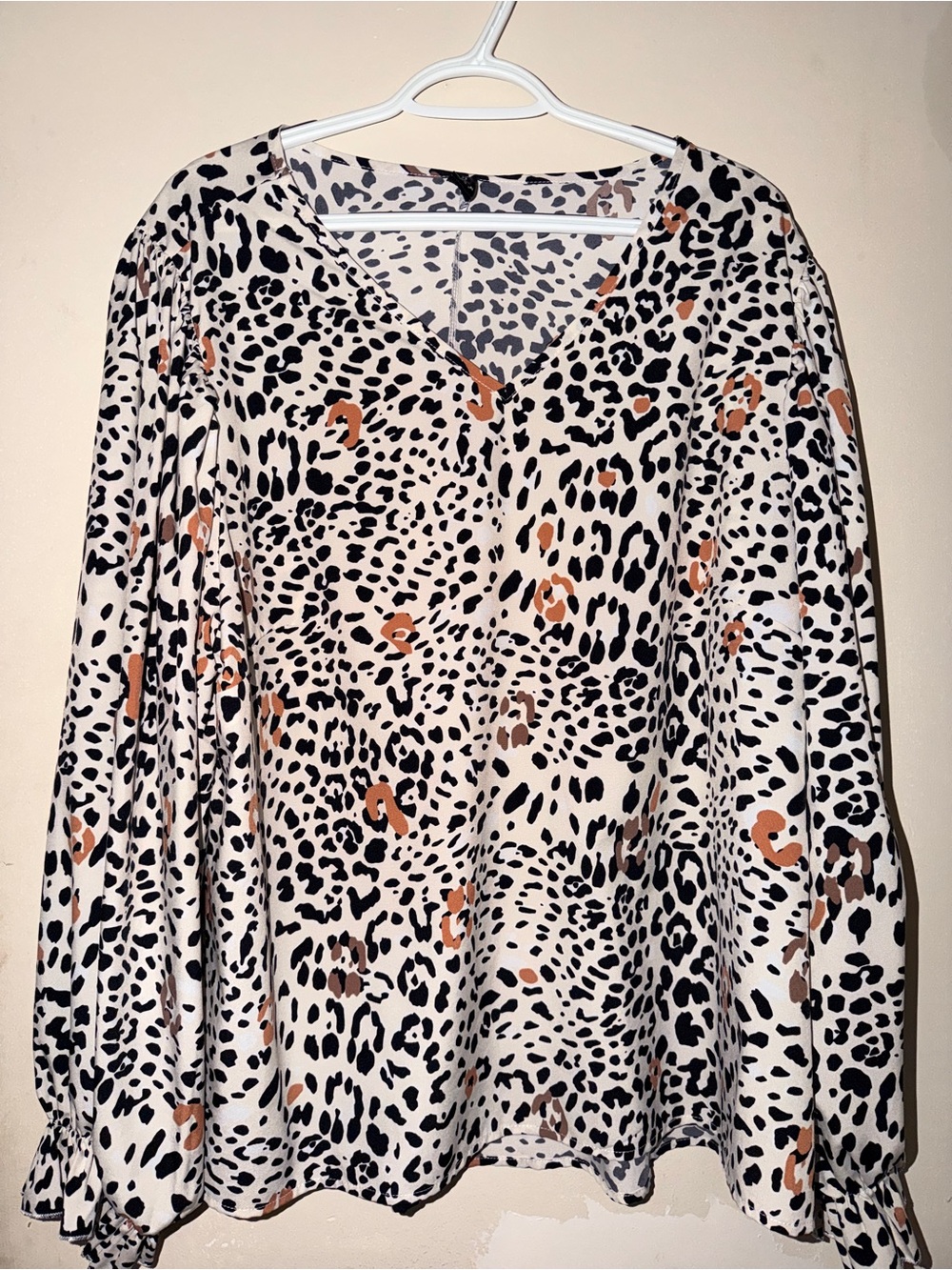 SHEIN Cream Leopard Print V-Neck Blouse with Black & Brown Spots